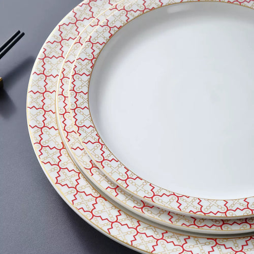 Extra Thick Heat Resistant Ceramic Dinner Plate with Red Rim, Large Shallow New Chinese Style Table Plate, Durable Commercial Dish for Hotel & Restaurant, Dishwasher Safe
