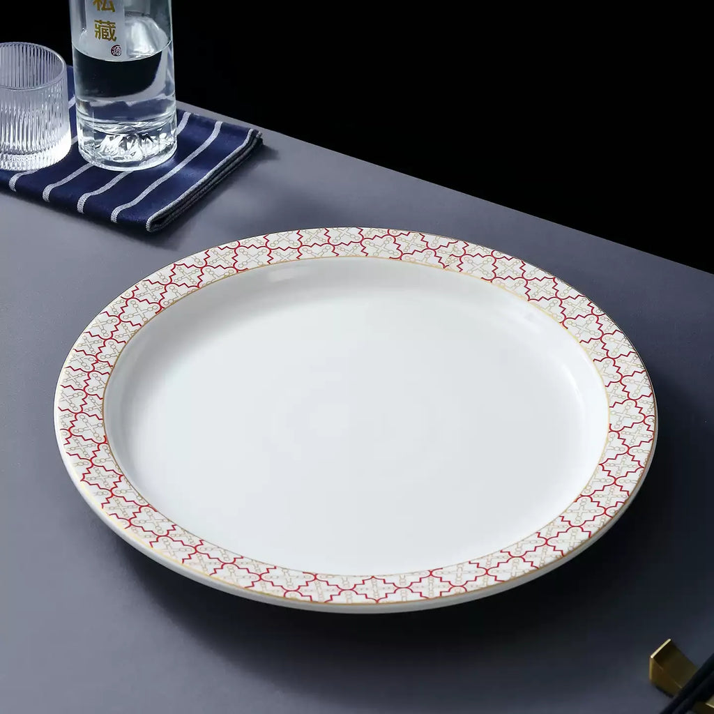 Extra Thick Heat Resistant Ceramic Dinner Plate with Red Rim, Large Shallow New Chinese Style Table Plate, Durable Commercial Dish for Hotel & Restaurant, Dishwasher Safe