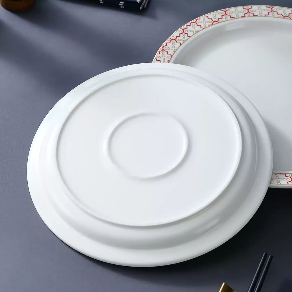 Extra Thick Heat Resistant Ceramic Dinner Plate with Red Rim, Large Shallow New Chinese Style Table Plate, Durable Commercial Dish for Hotel & Restaurant, Dishwasher Safe